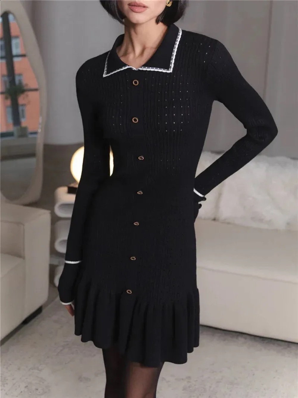 Black Knit Button-Front Dress with Contrasting Trim
